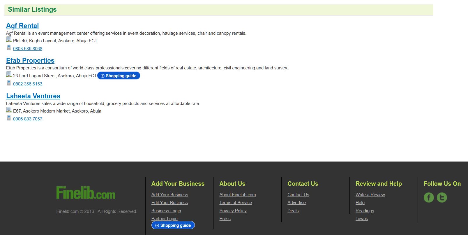 Example of Yellow Pages listing